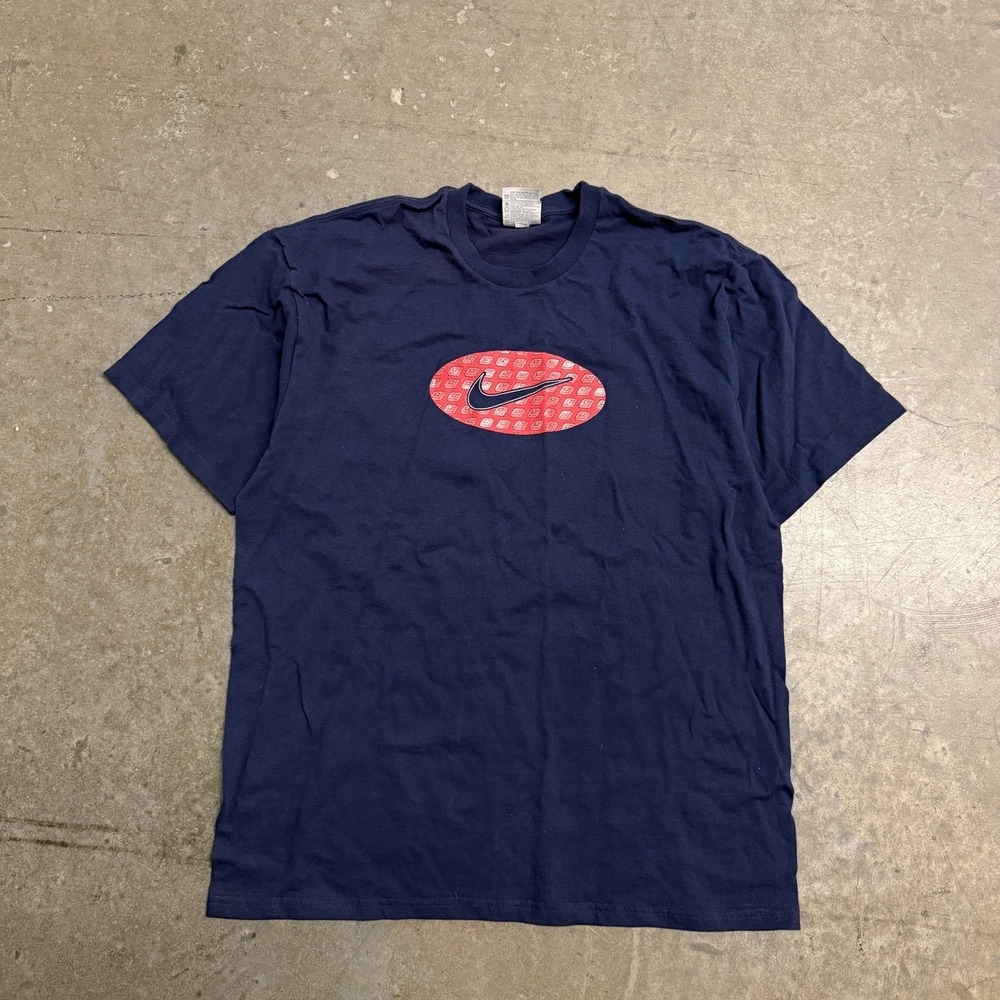 Vintage Nike Swoosh Graphic T-Shirt Mens Large Navy Blue‎ Red Oval Logo Y2K Tee